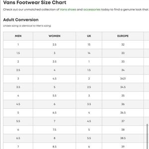 vans womens shoe size chart